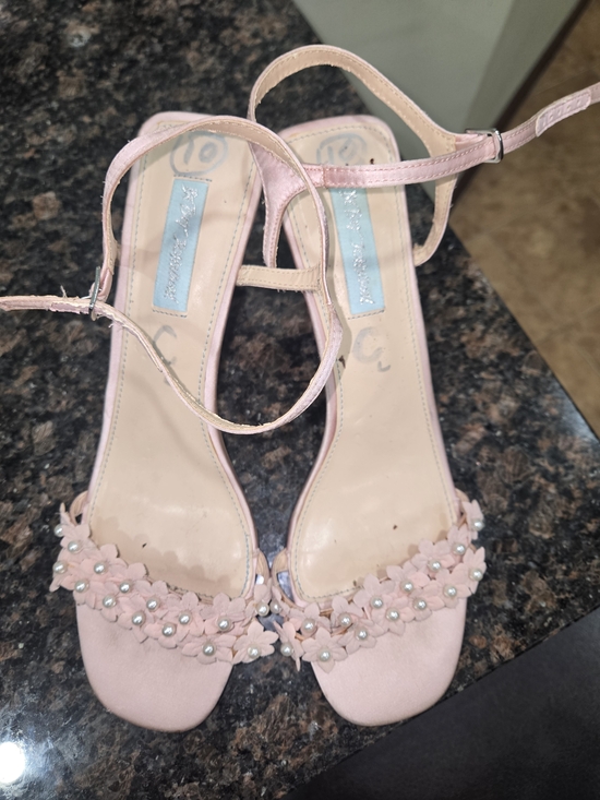 Betsey Johnson Shoes - Betsey Johnson Pink Floral Pearl-Embellished Ankle-Strap Heels